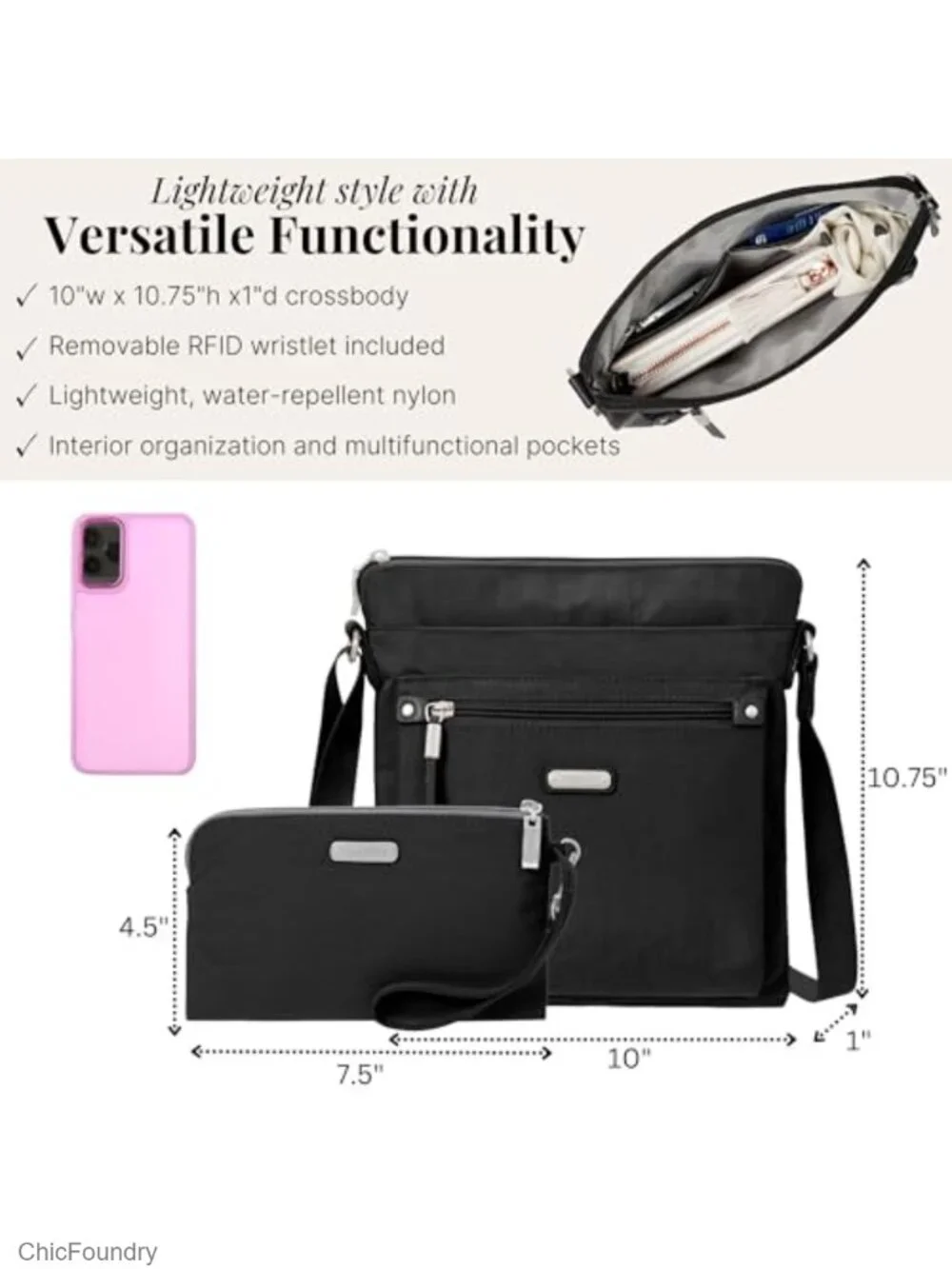 Lightweight Water-Resistant Nylon RFID Crossbody Wristlet Bag